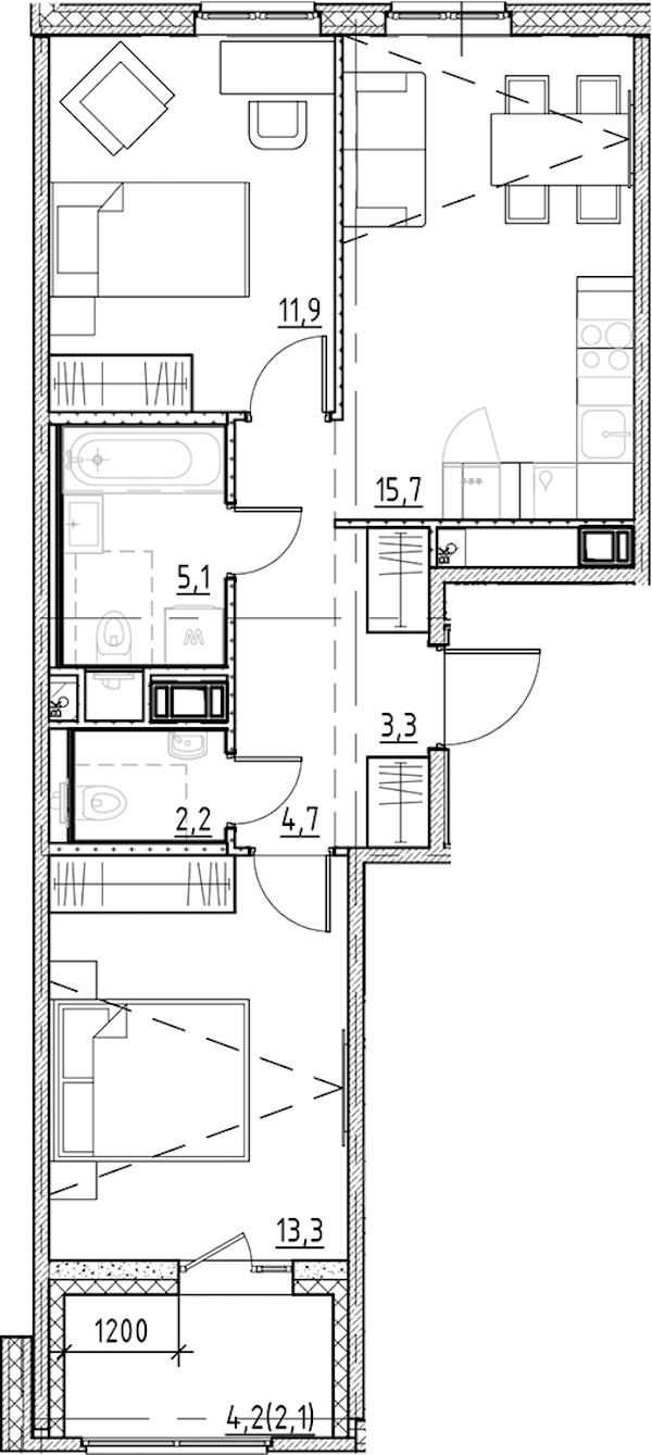 2-комнатная квартира 58.3 м², 7/11 эт., ЖК «Янила Форест»